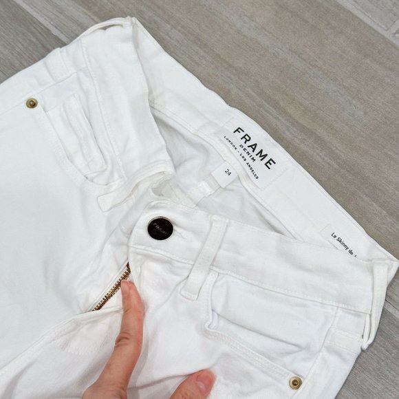 Frame Le Skinny De Jeanne Low-Rise Distressed Jeans in Ripped Blanc White Sz 24 - Picture 4 of 12